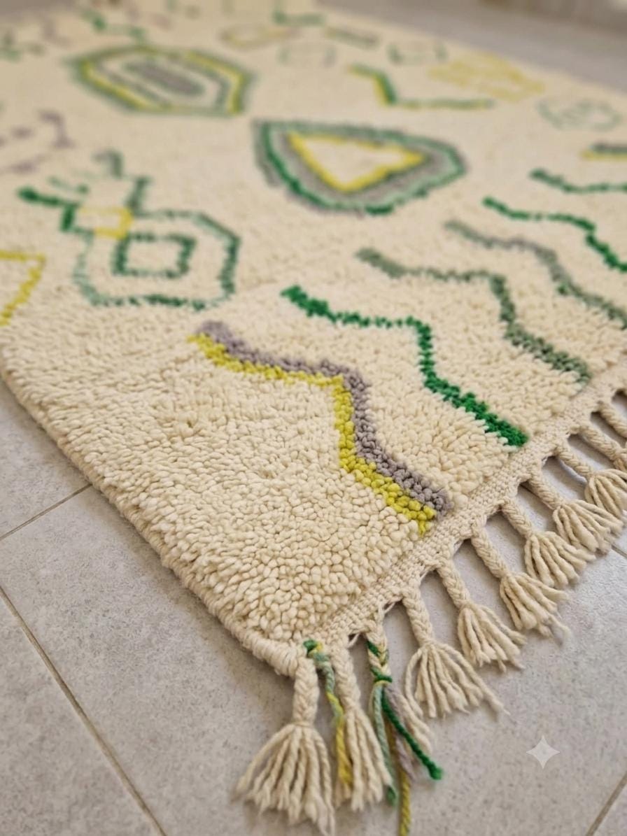 Beni Ourain Wool Rug – Cream Geometric Tribal Motifs, Handwoven Berber Area Rug