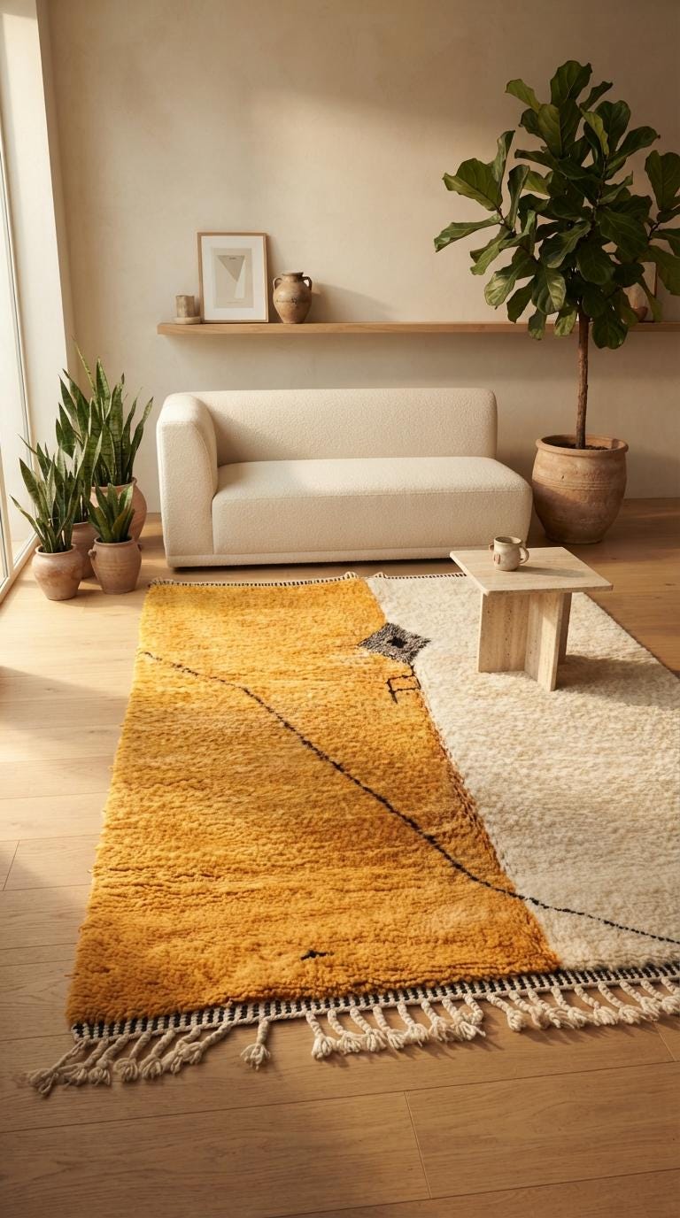 Hand-knotted Moroccan Rug – Orange, Off-White, Tassels, Tribal Decor