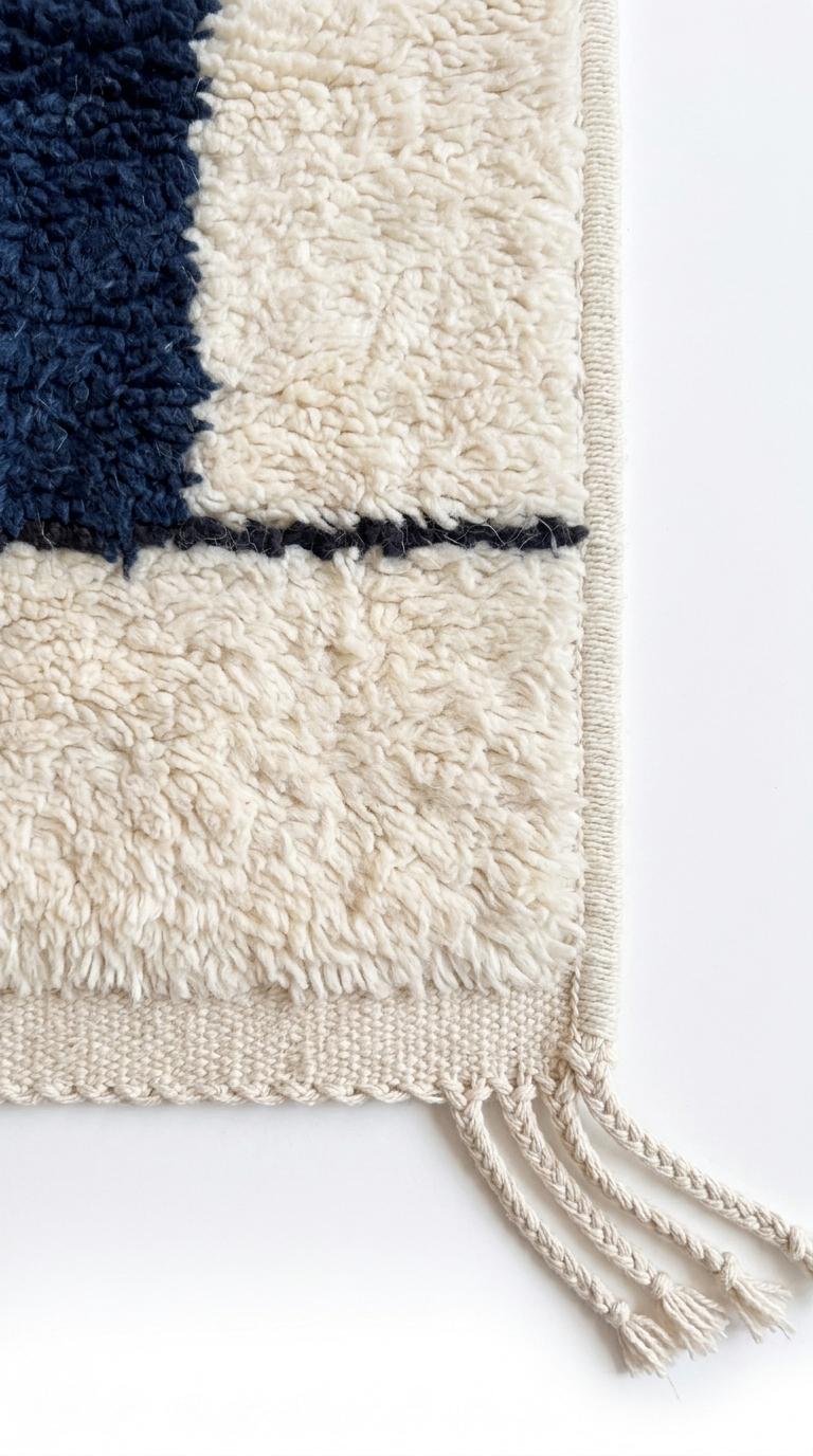 Navy Bleu Moroccan Rug, Geometric Block Area Rug,  Grey Shag, Hand-Tufted Boho Decor