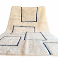 Modern Moroccan Geometric Shag Rug - Plush Cream Wool with Navy Blue Outlines - Hand-Tufted Berber Style Area Rug