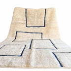 Modern Moroccan Geometric Shag Rug - Plush Cream Wool with Navy Blue Outlines - Hand-Tufted Berber Style Area Rug
