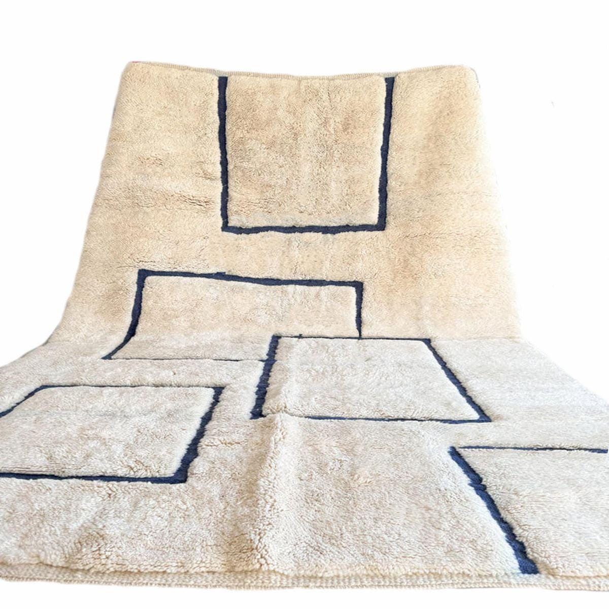Modern Moroccan Geometric Shag Rug - Plush Cream Wool with Navy Blue Outlines - Hand-Tufted Berber Style Area Rug
