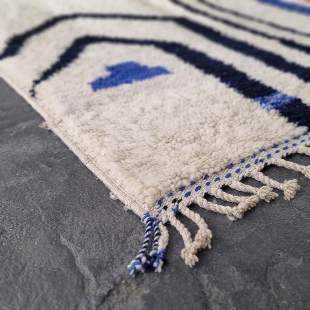 Hand-Knotted Moroccan Geometric Rug – Cream, Blue, Green, Red Berber Tribal Home Decor