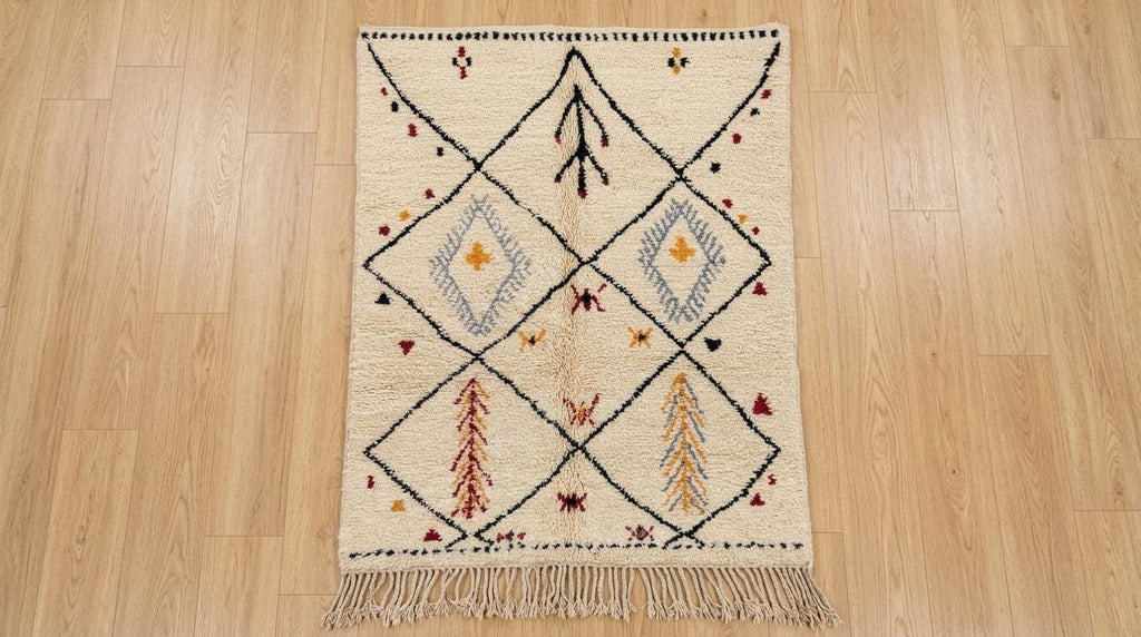 Hand-Knotted Wool Rug | Modern Moroccan Diamond Pattern, Cream Base