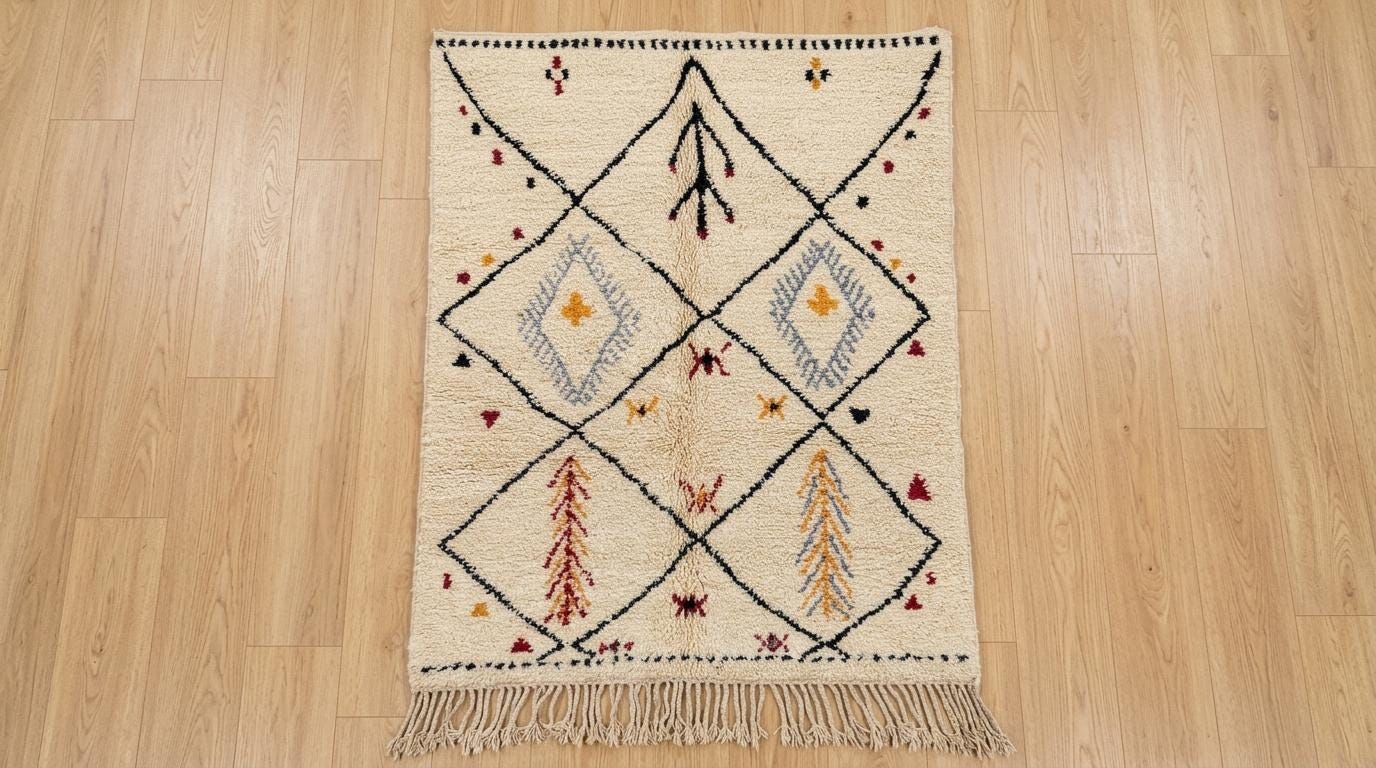 Hand-Knotted Wool Rug | Modern Moroccan Diamond Pattern, Cream Base