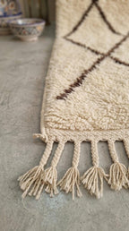 Traditional Moroccan Beni Ourain Rug - Plush Cream Wool with Dark Brown Diamond Lattice - Handwoven Tribal Area Rug - Artisanal Home Decor