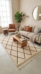 Traditional Moroccan Beni Ourain Rug - Plush Cream Wool with Dark Brown Diamond Lattice - Handwoven Tribal Area Rug - Artisanal Home Decor