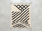 Hand-Knotted Moroccan Geometric Wool Rug – Cream Black Diamond Berber Tasseled Area Carpet
