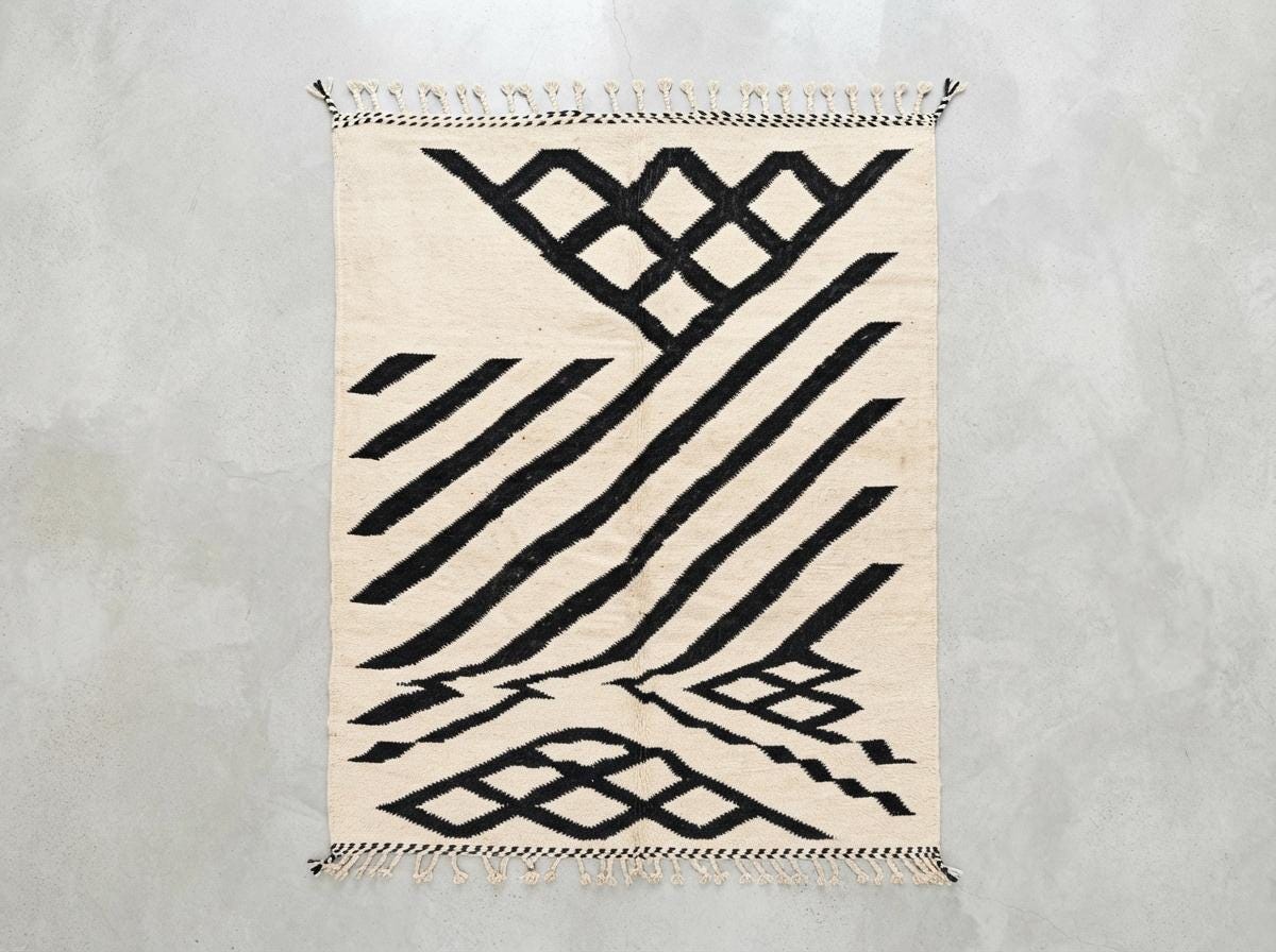 Hand-Knotted Moroccan Geometric Wool Rug – Cream Black Diamond Berber Tasseled Area Carpet