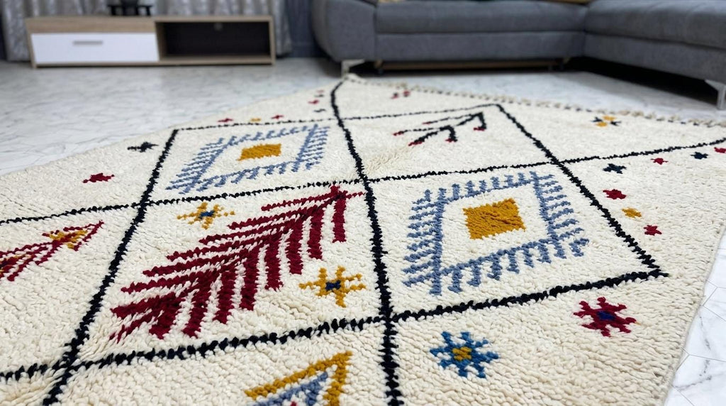 Hand-Knotted Wool Rug | Modern Moroccan Diamond Pattern, Cream Base