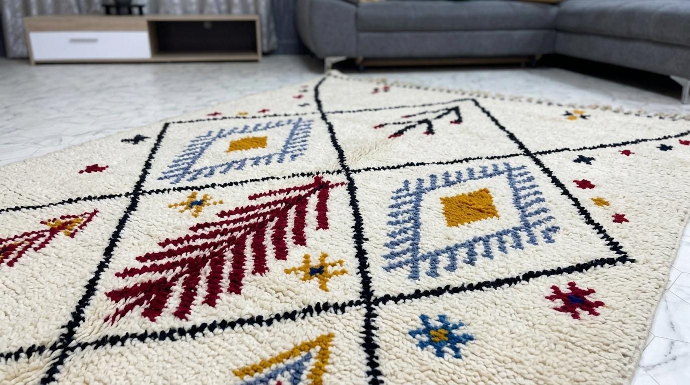Hand-Knotted Wool Rug | Modern Moroccan Diamond Pattern, Cream Base