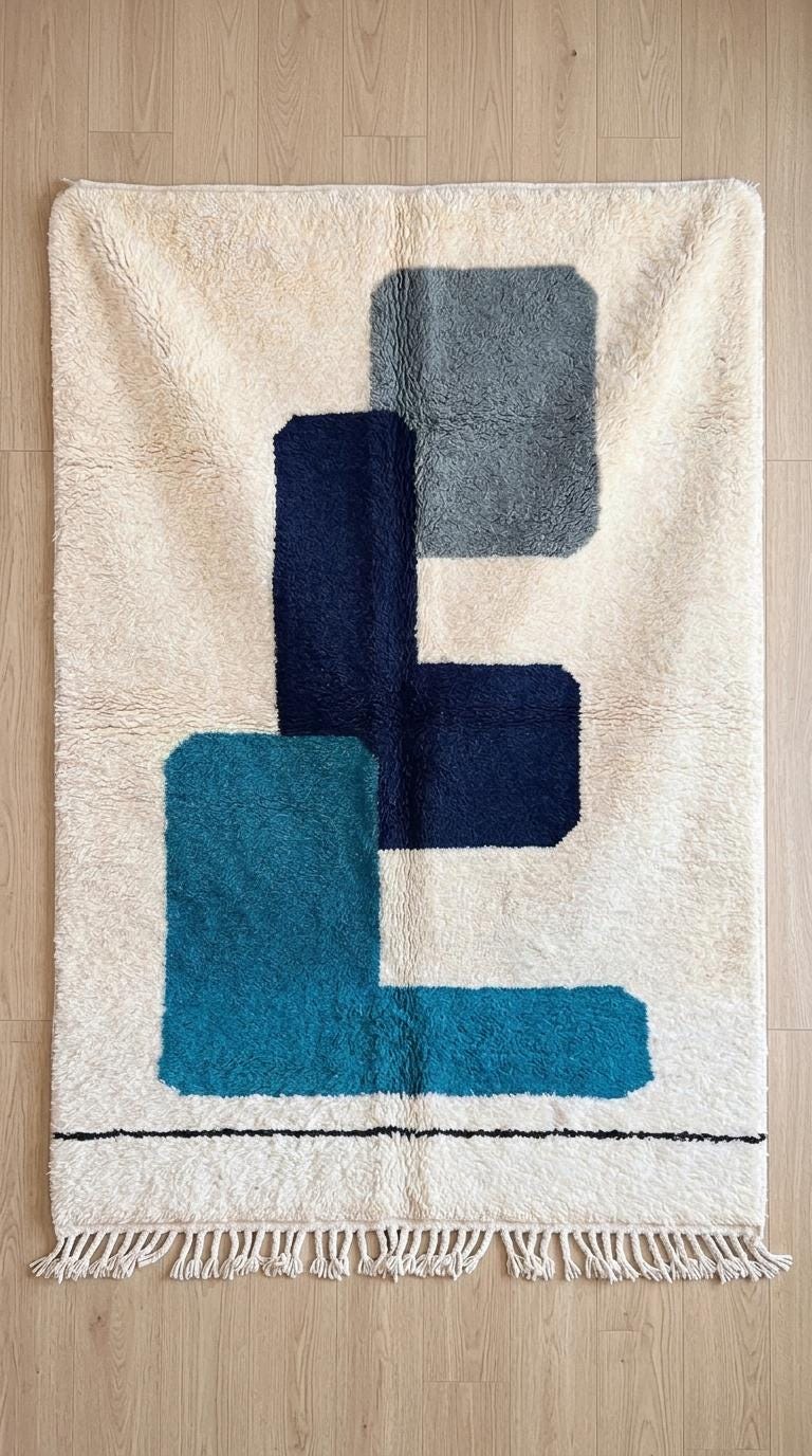Morrocan Rug, Navy  Geometric Area Rug, Plush Hand-Tufted Boho Wool Rug
