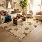 Moroccan  Wool Rug, Hand-Knotted Mustard and Cream Berber Carpet, Modern Geometric Area Rug