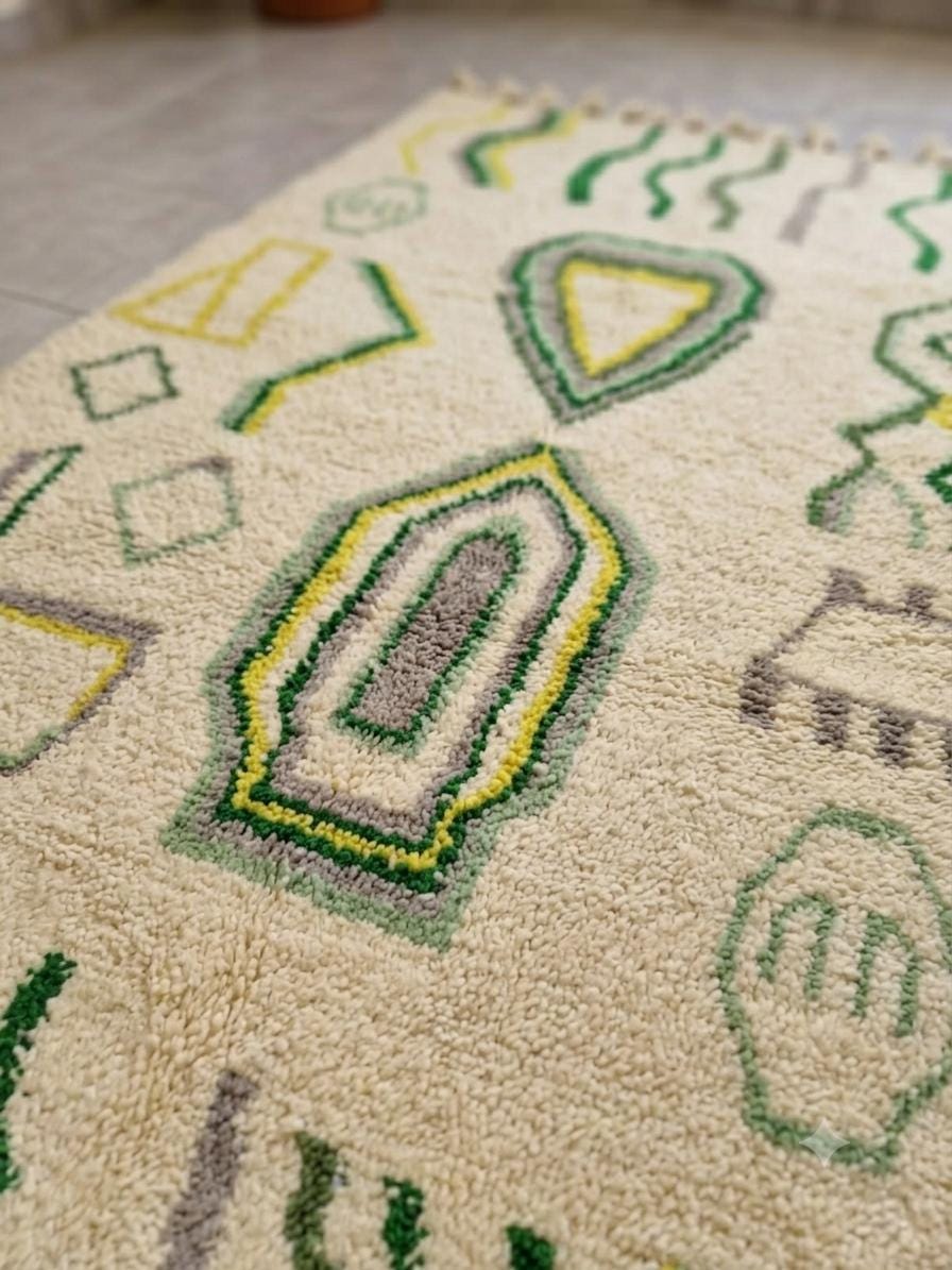 Beni Ourain Wool Rug – Cream Geometric Tribal Motifs, Handwoven Berber Area Rug