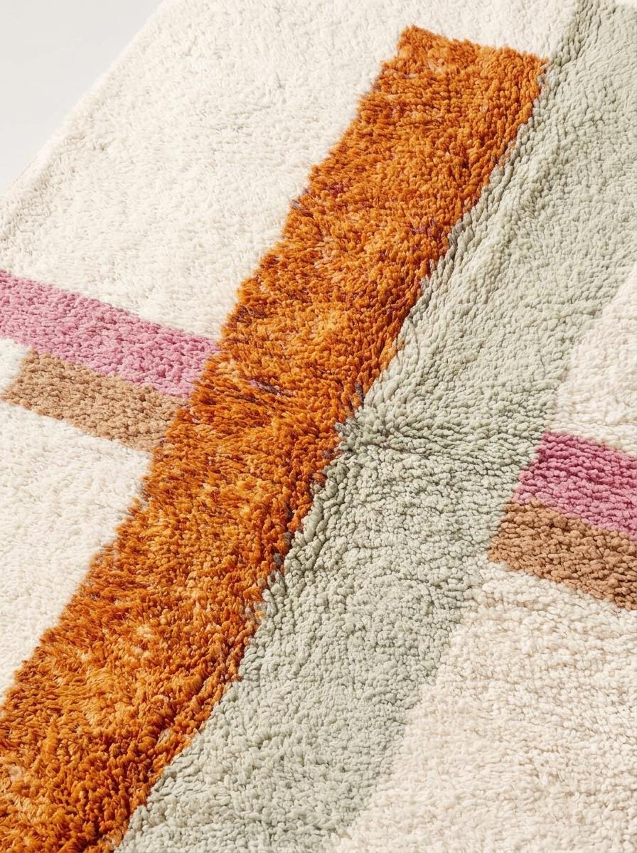 Hand-Knotted Moroccan Rug – Organic Wool Geometric Stripe Tassel Fringe
