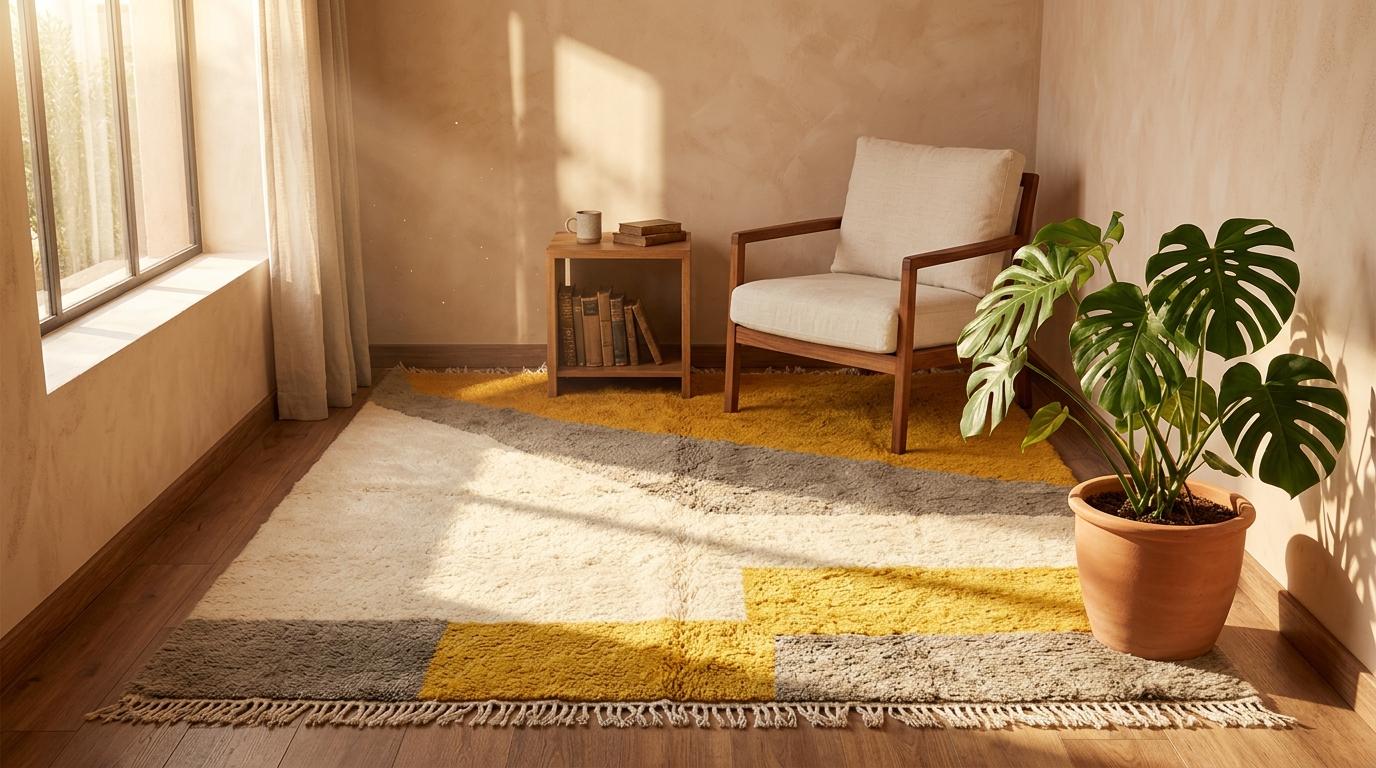 Hand-Knotted Moroccan Shaggy Rug – Mustard Geometric Wool Area Rug (Beni Ourain Style)