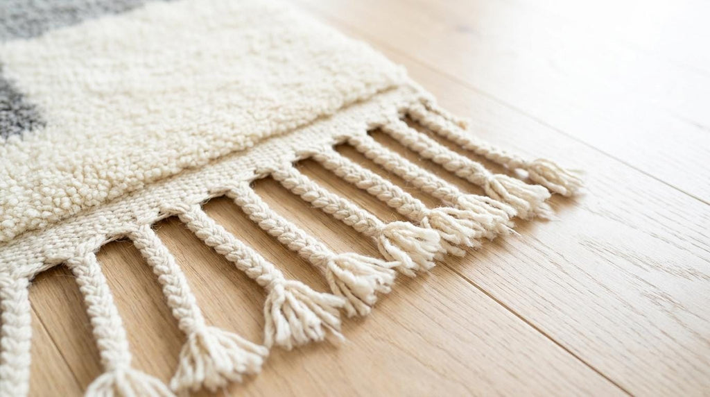 Hand-Knotted Moroccan Shaggy Rug – Mustard Geometric Wool Area Rug (Beni Ourain Style)