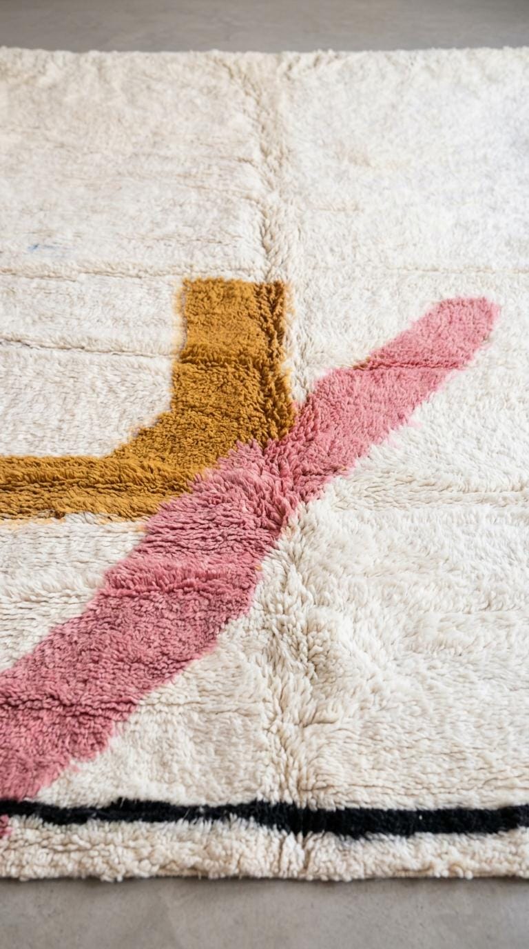 Hand-Knotted Moroccan Wool Rug | Abstract Geometric Mustard, Pink, Black Shapes