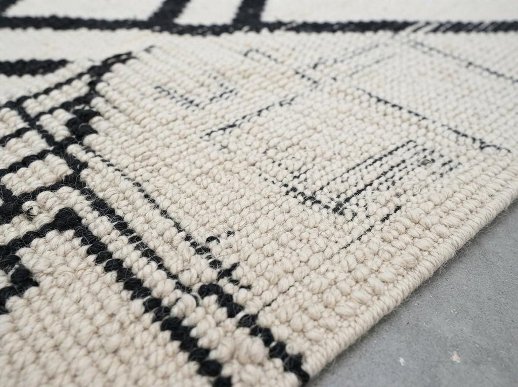 Hand-Knotted Moroccan Geometric Wool Rug – Cream Black Diamond Berber Tasseled Area Carpet
