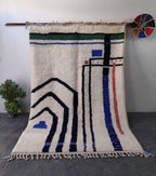 Hand-Knotted Moroccan Geometric Rug – Cream, Blue, Green, Red Berber Tribal Home Decor