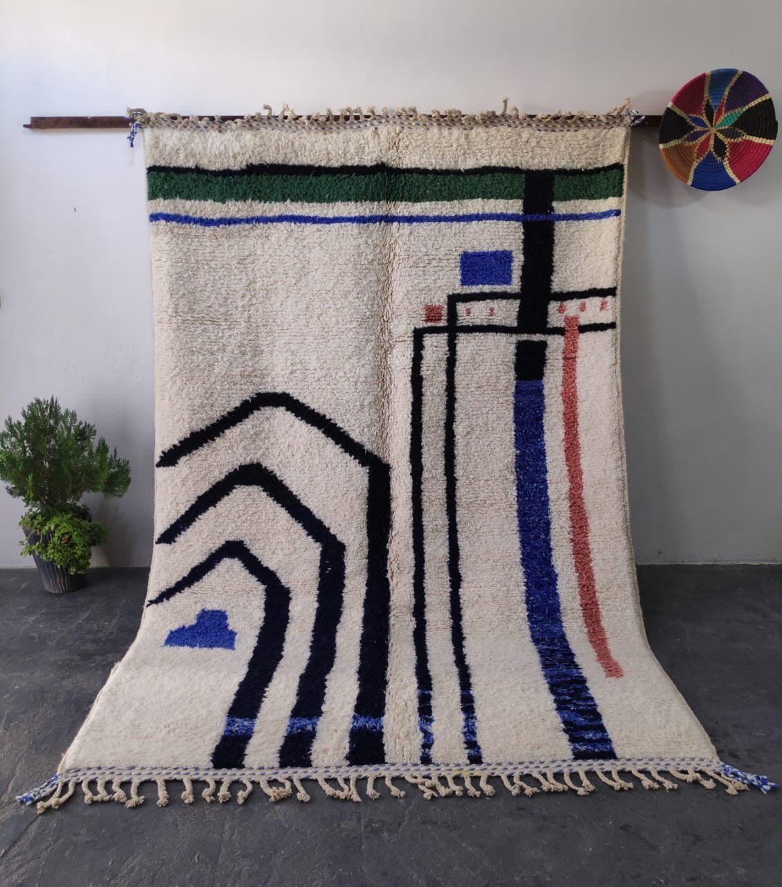 Hand-Knotted Moroccan Geometric Rug – Cream, Blue, Green, Red Berber Tribal Home Decor