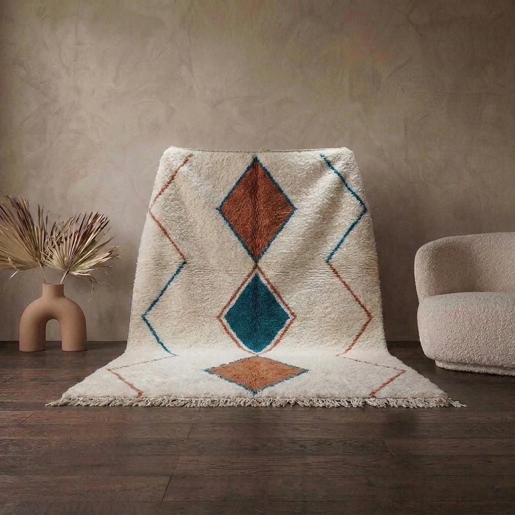 Moroccan Wool Area Rug, Cream Diamond Pattern, Boho Living Room Carpet