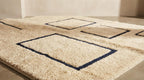Modern Moroccan Geometric Shag Rug - Plush Cream Wool with Navy Blue Outlines - Hand-Tufted Berber Style Area Rug