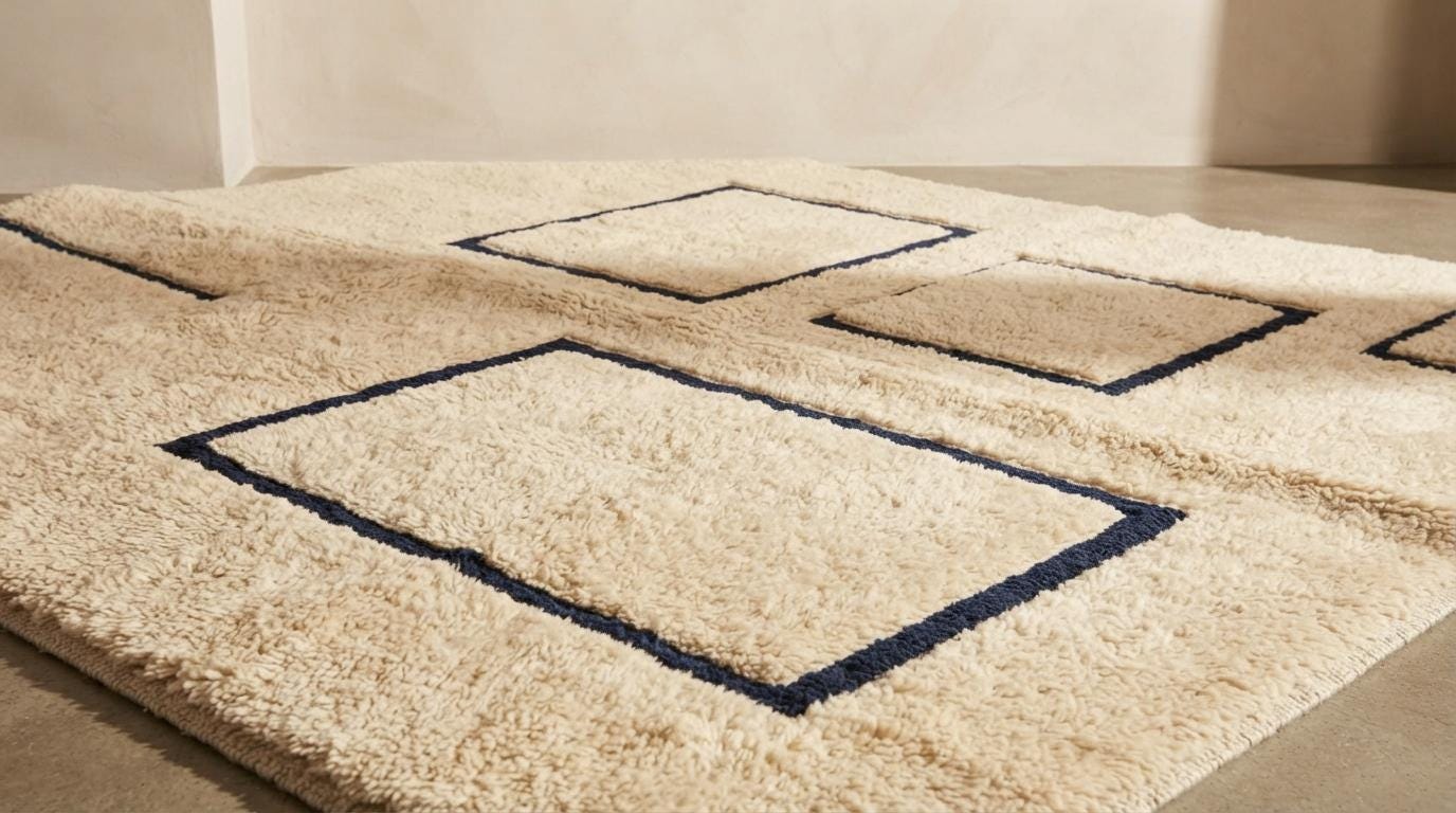 Modern Moroccan Geometric Shag Rug - Plush Cream Wool with Navy Blue Outlines - Hand-Tufted Berber Style Area Rug
