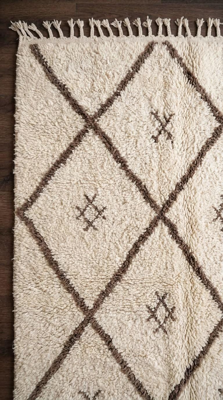 Minimalist Beni Ourain Rug, Handmade Moroccan Wool Carpet, Large Diamond Pattern Tribal Rug