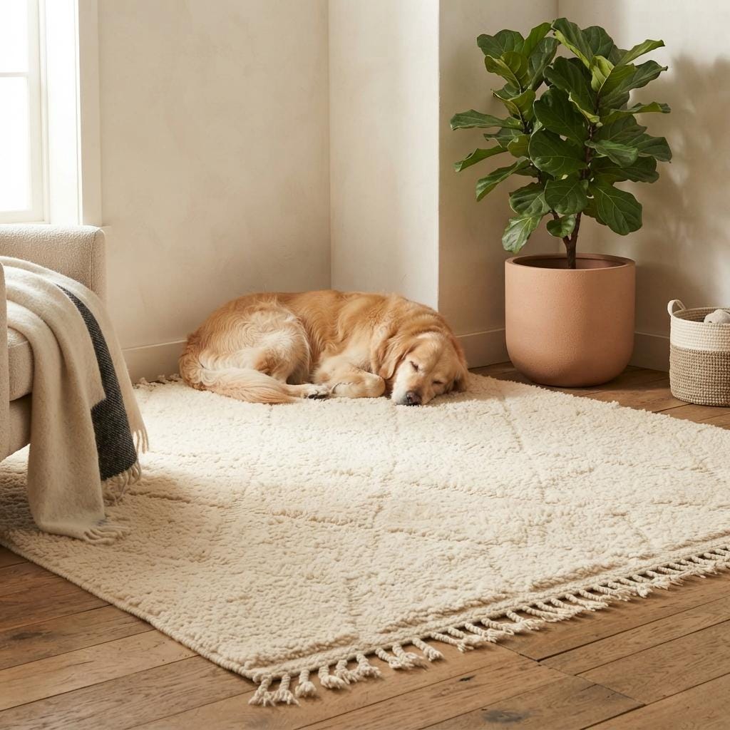 Minimalist Moroccan Berber Rug, Hand-Knotted Cream Wool Carpet, Beni Ourain Style Living Room