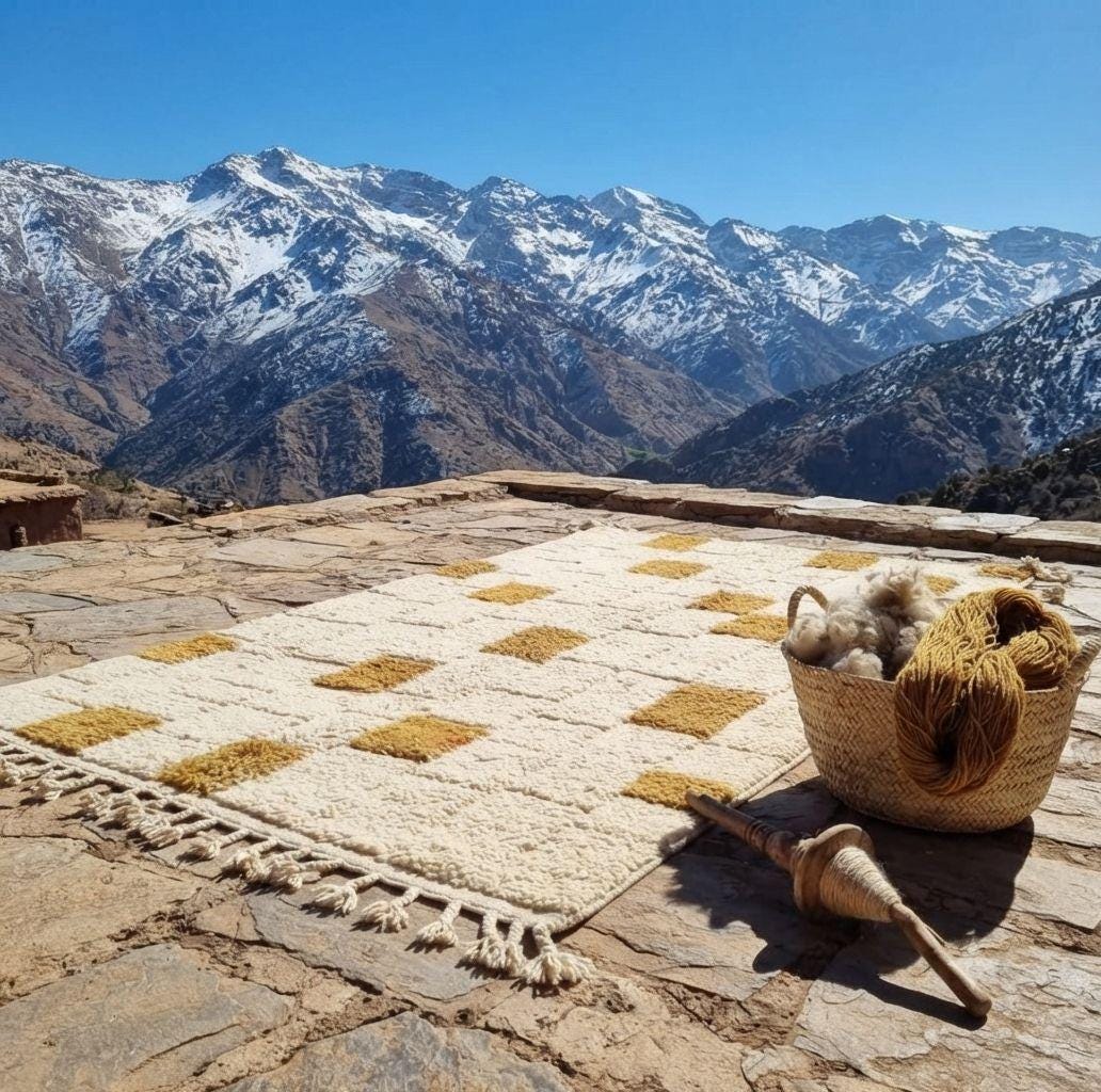 Moroccan  Wool Rug, Hand-Knotted Mustard and Cream Berber Carpet, Modern Geometric Area Rug