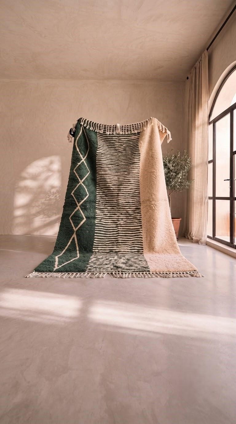 Green & Cream Beni Ourain Rug – Hand-Woven Wool