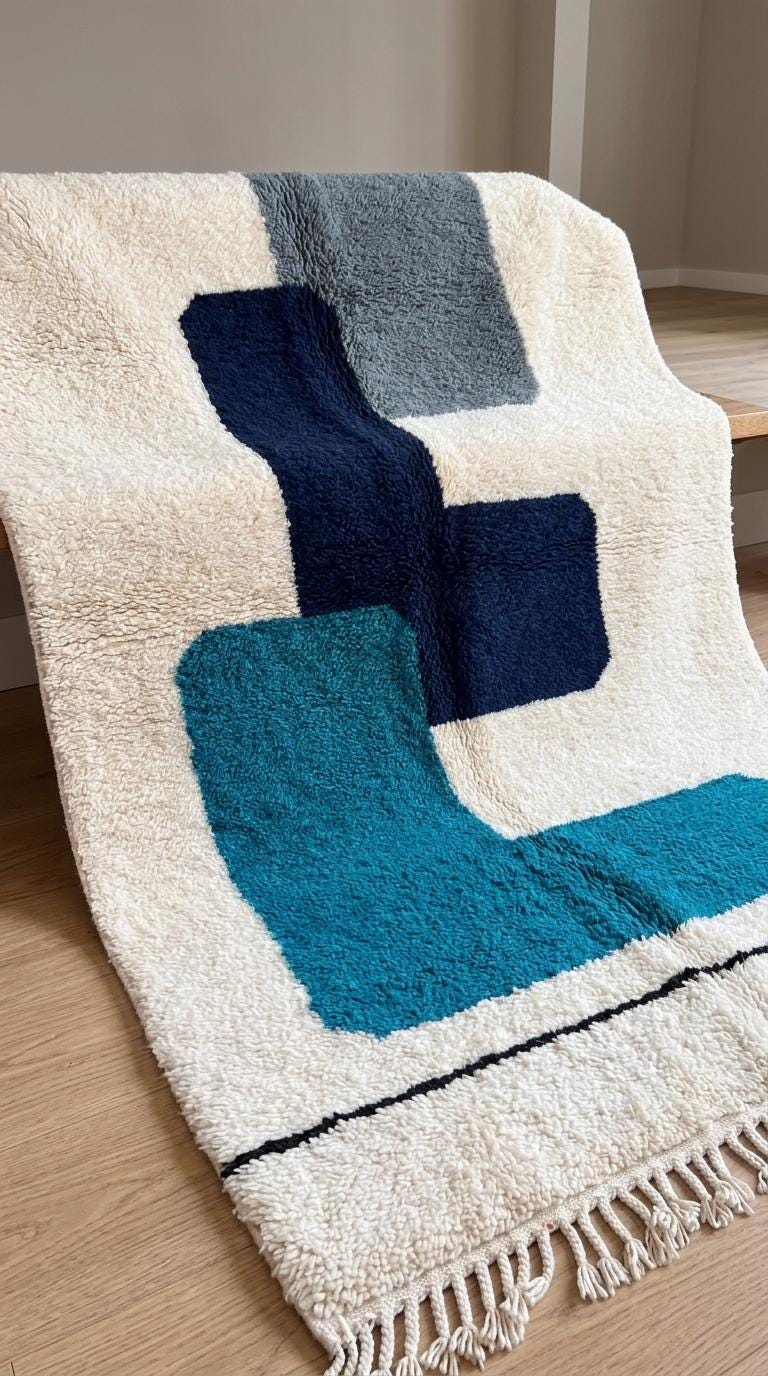 Morrocan Rug, Navy  Geometric Area Rug, Plush Hand-Tufted Boho Wool Rug