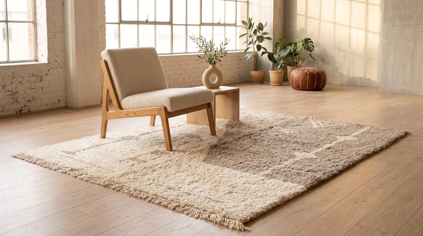 Hand-Knotted Moroccan  Wool Rug | Abstract Taupe Diamonds, Cream | i Minimalist Area Rug