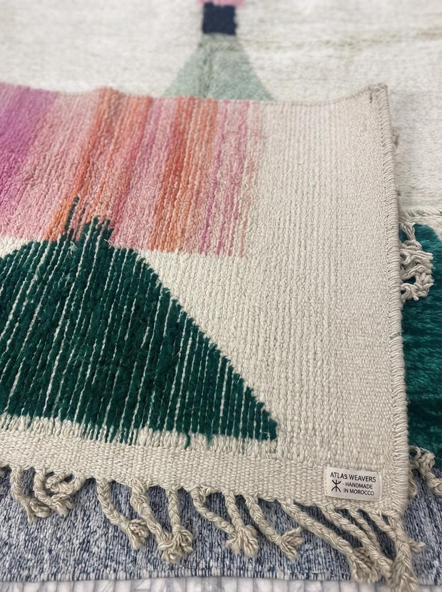 Hand-knotted Moroccan Shaggy Rug – Geometric Triangles, Wool, Pink Green Blue Decor