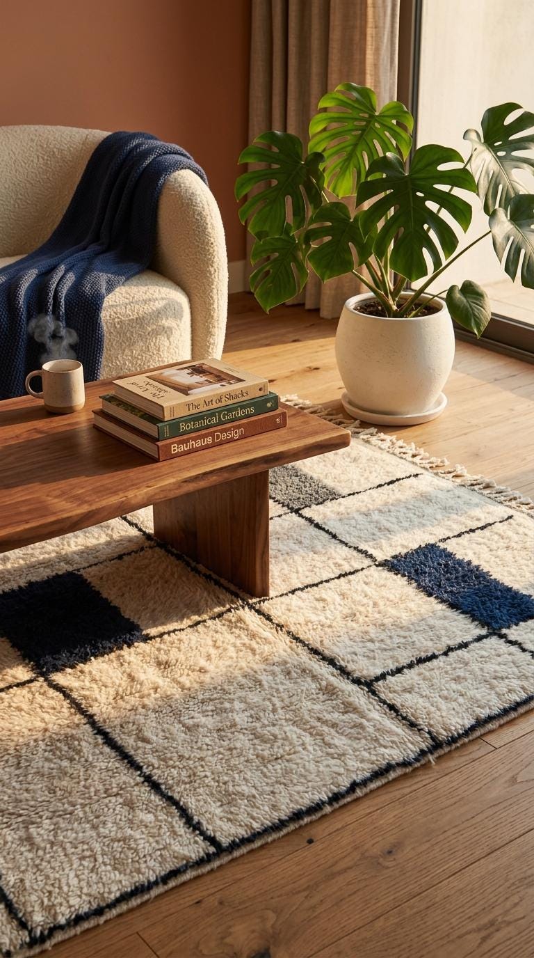 Navy Bleu Moroccan Rug, Geometric Block Area Rug,  Grey Shag, Hand-Tufted Boho Decor