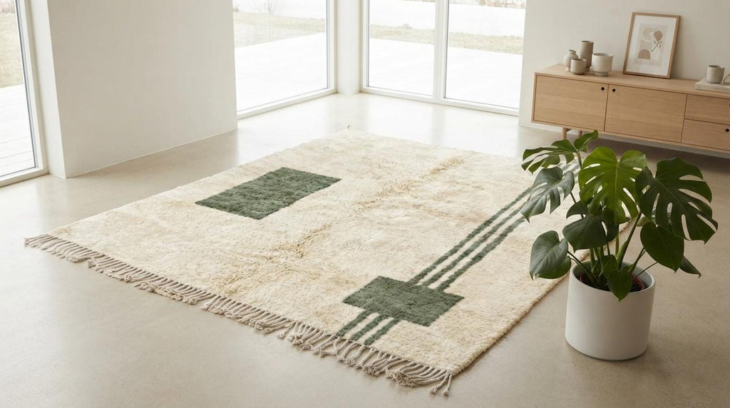 Handmade Geometric Moroccan Rug - Plush Cream Wool with Emerald Line Motif - Minimalist Berber Style Area Rug for Modern Home Decor