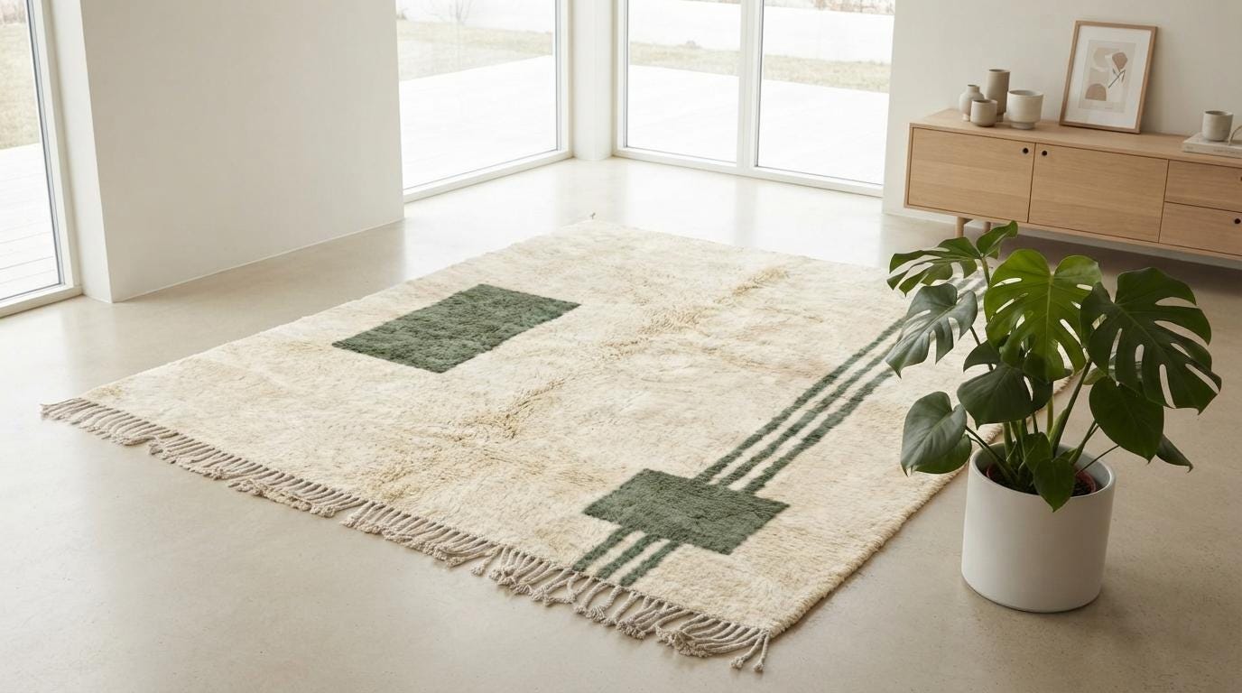 Handmade Geometric Moroccan Rug - Plush Cream Wool with Emerald Line Motif - Minimalist Berber Style Area Rug for Modern Home Decor