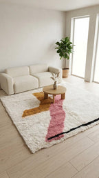 Hand-Knotted Moroccan Wool Rug | Abstract Geometric Mustard, Pink, Black Shapes