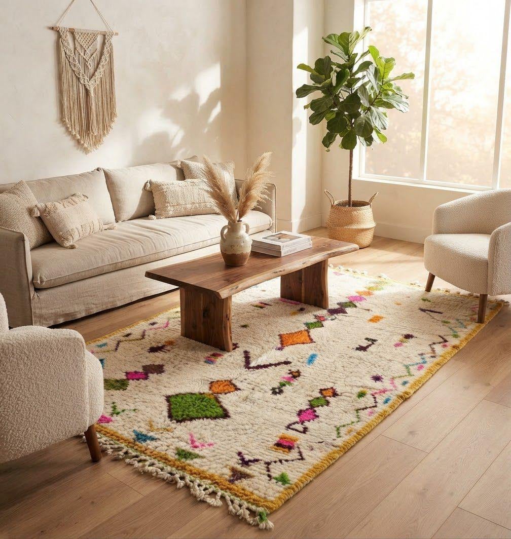 Hand-Knotted Wool  Carpet, Colorful Geometric Patterns, Bohemian Floor BerberArt