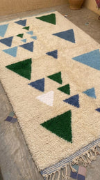 Moroccan Rug, Blue Green Geometric Triangle Shag Rug, Cream Plush Boho  Floor Art