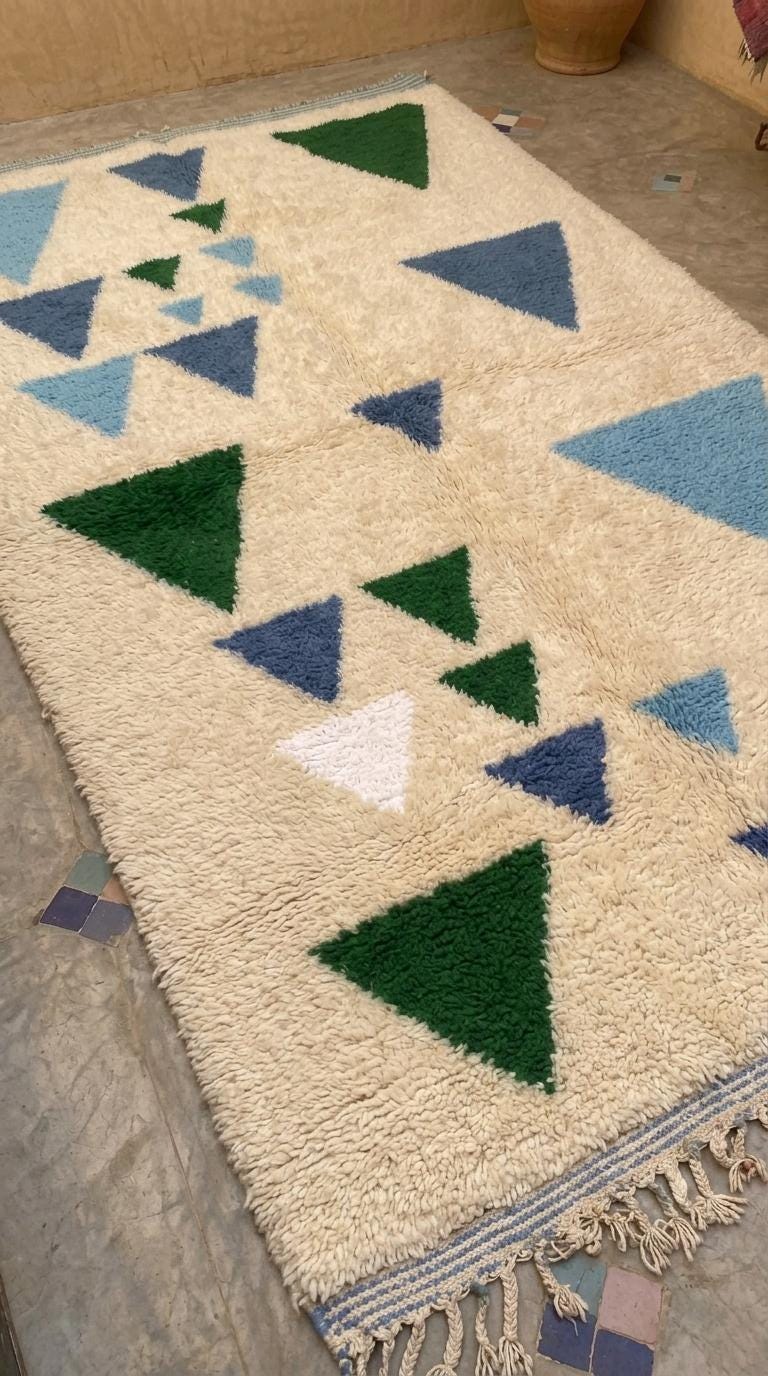 Moroccan Rug, Blue Green Geometric Triangle Shag Rug, Cream Plush Boho  Floor Art