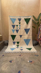 Moroccan Rug, Blue Green Geometric Triangle Shag Rug, Cream Plush Boho  Floor Art