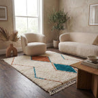 Moroccan Wool Area Rug, Cream Diamond Pattern, Boho Living Room Carpet