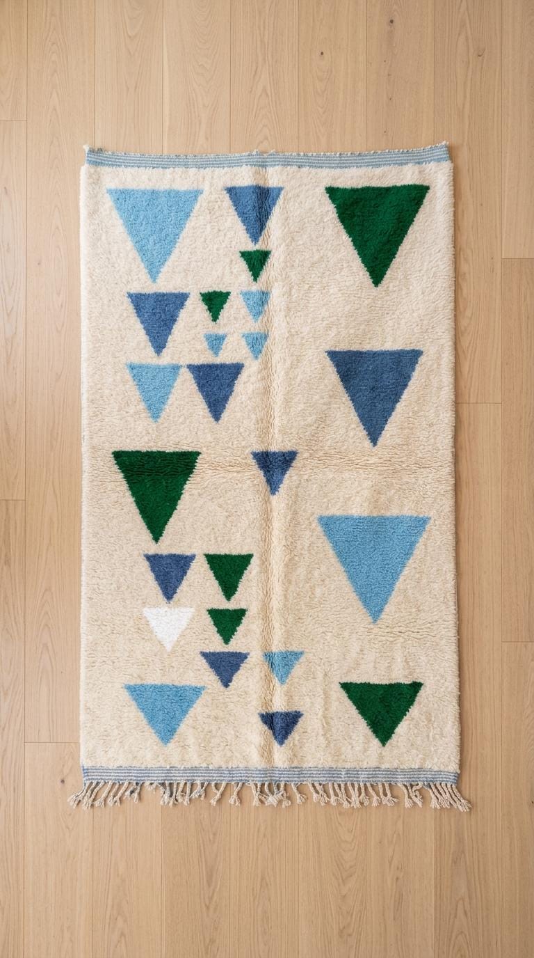 Moroccan Rug, Blue Green Geometric Triangle Shag Rug, Cream Plush Boho  Floor Art