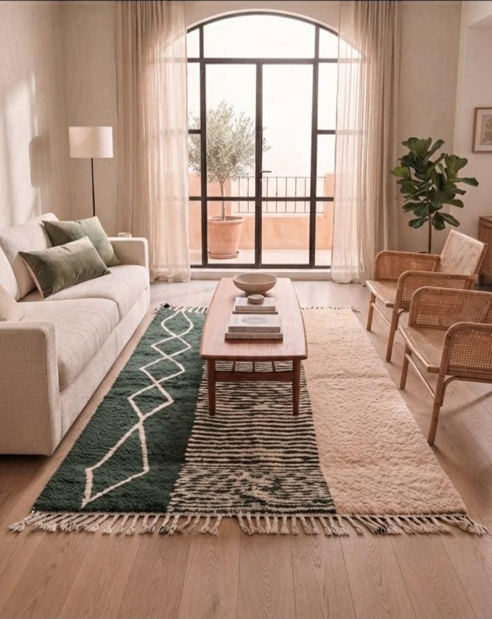 Green & Cream Beni Ourain Rug – Hand-Woven Wool