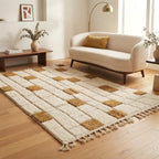 Moroccan  Wool Rug, Hand-Knotted Mustard and Cream Berber Carpet, Modern Geometric Area Rug