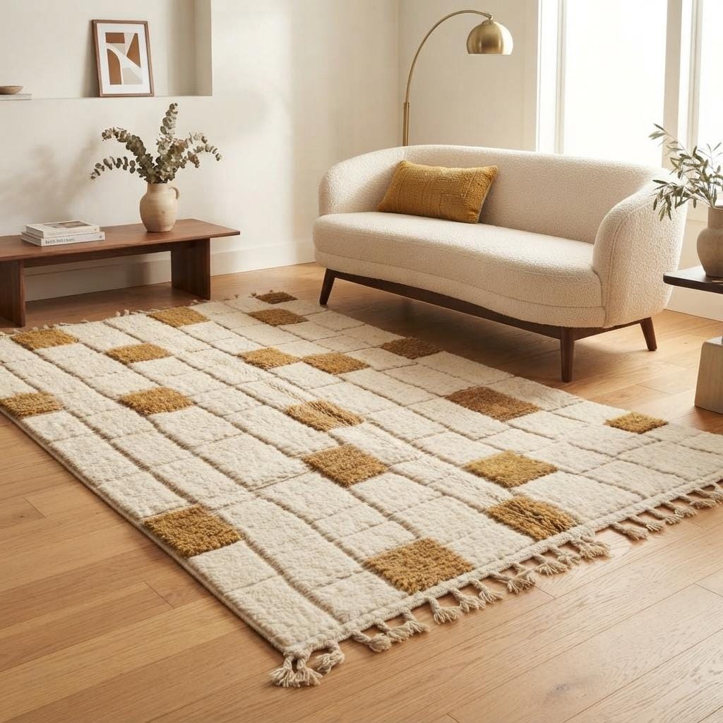 Moroccan  Wool Rug, Hand-Knotted Mustard and Cream Berber Carpet, Modern Geometric Area Rug