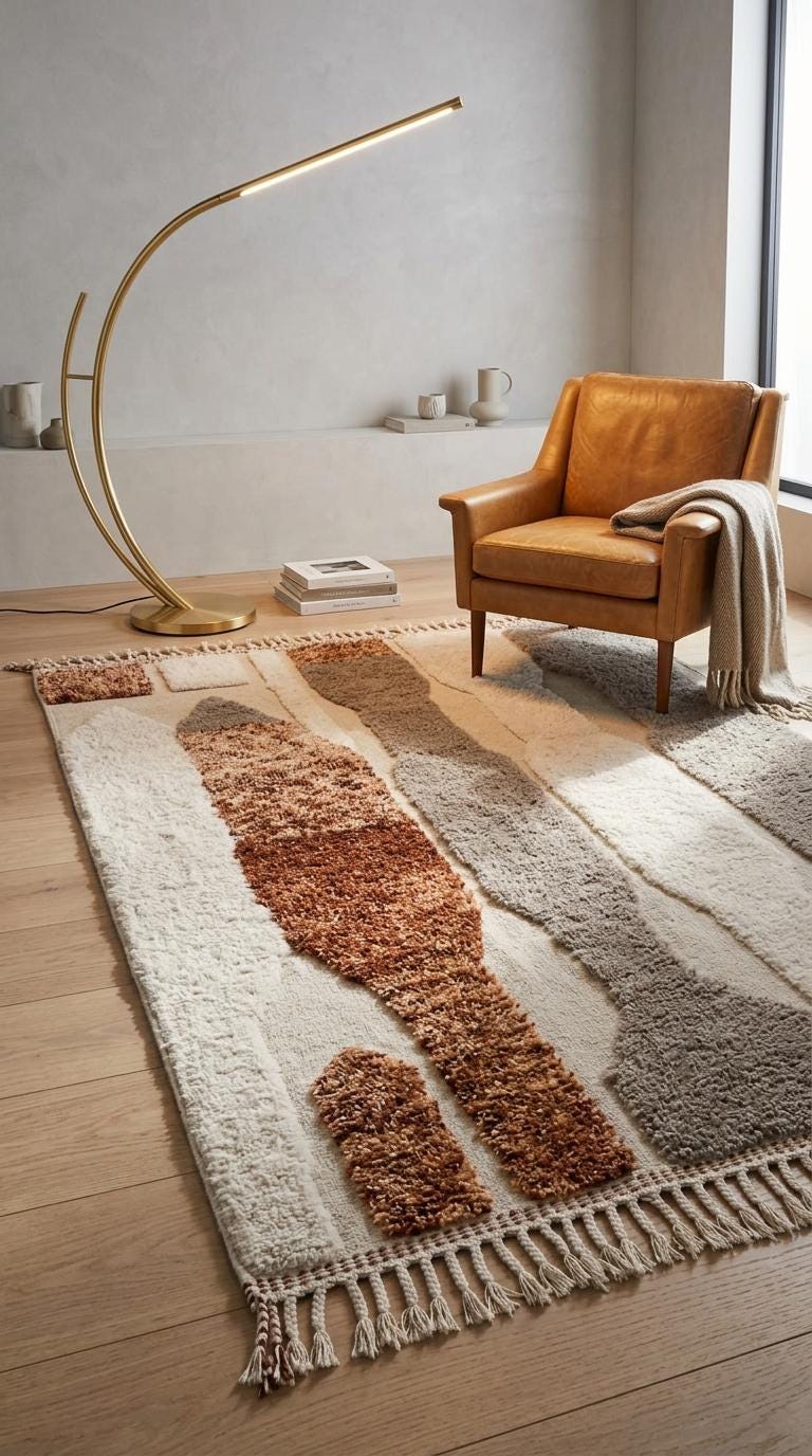 Hand-Knotted Moroccan Wool Rug, Geometric Stripes, Cream Base, Mid-Century Modern Decor