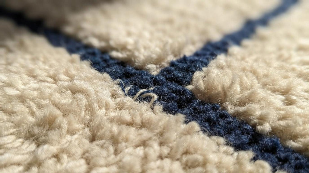 Modern Moroccan Geometric Shag Rug - Plush Cream Wool with Navy Blue Outlines - Hand-Tufted Berber Style Area Rug